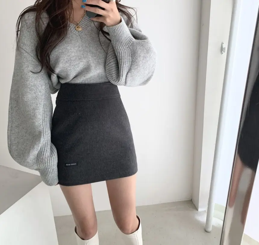 Korean Clothing Vintage Skirt and Top Set Women Long Sleeve Sweater Backless Belt Pullover And High Waist Woolen Mini Skrit |