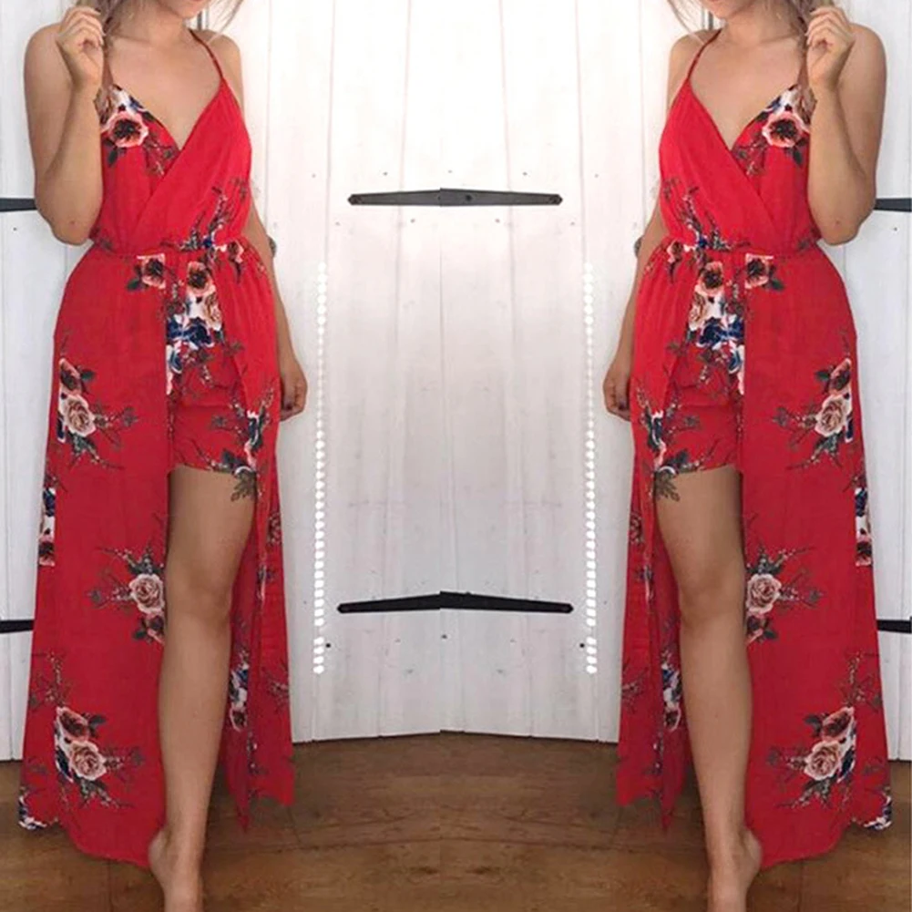 Женский пляжный комбинезон без бретелек Boho с цветочным принтом макси