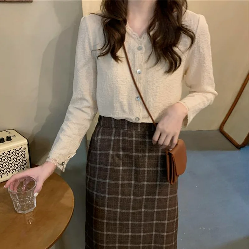 

Blouses Women Apricot Korean Style Newest Spring All-match Comfortable Student Streetwear Simple Chic Inside Femme Retro Clothes