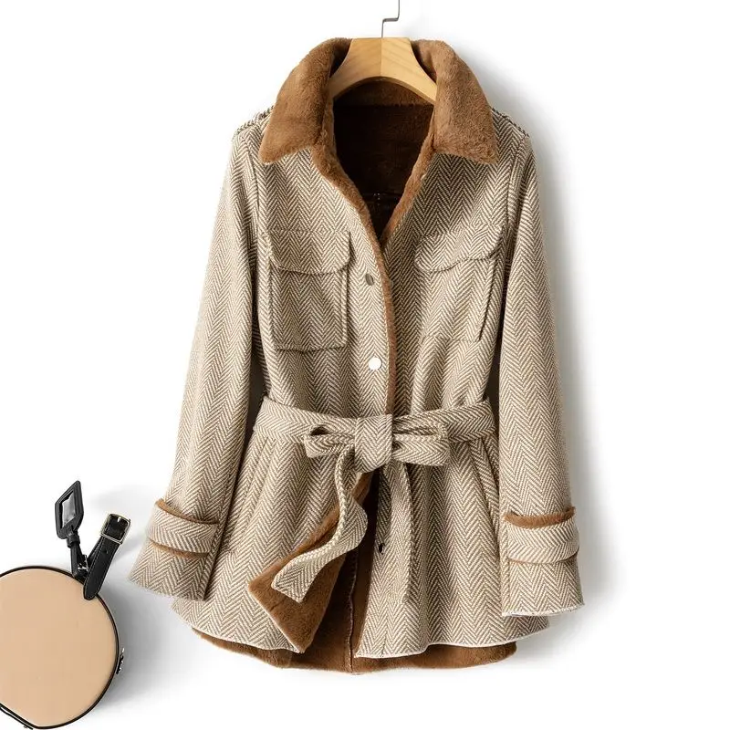 

Женское шерстяное пальто с воротником из натурального меха, толстое теплое элегантное Свободное пальто большого размера, зимняя верхняя од...