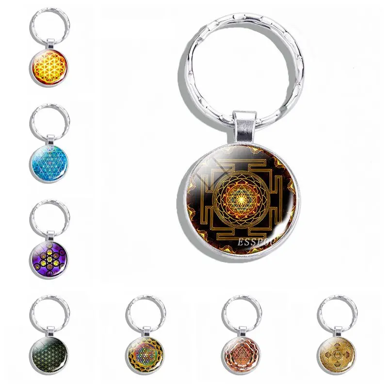 Металлический брелок с подвеской в виде цветка жизни со стеклянным кабошоном