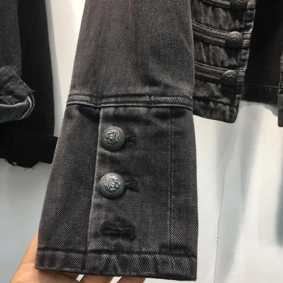 

2020 autumn military style handsome stand collar denim jackets women double-breasted do old slim short jeans coat r1452