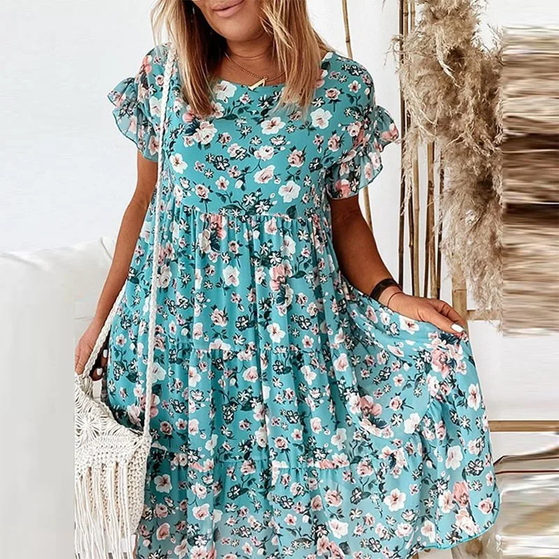 Spring/Summer 2021 hot new women's fashion print short sleeve A-line party dress elegant O-neck loose miniskirt