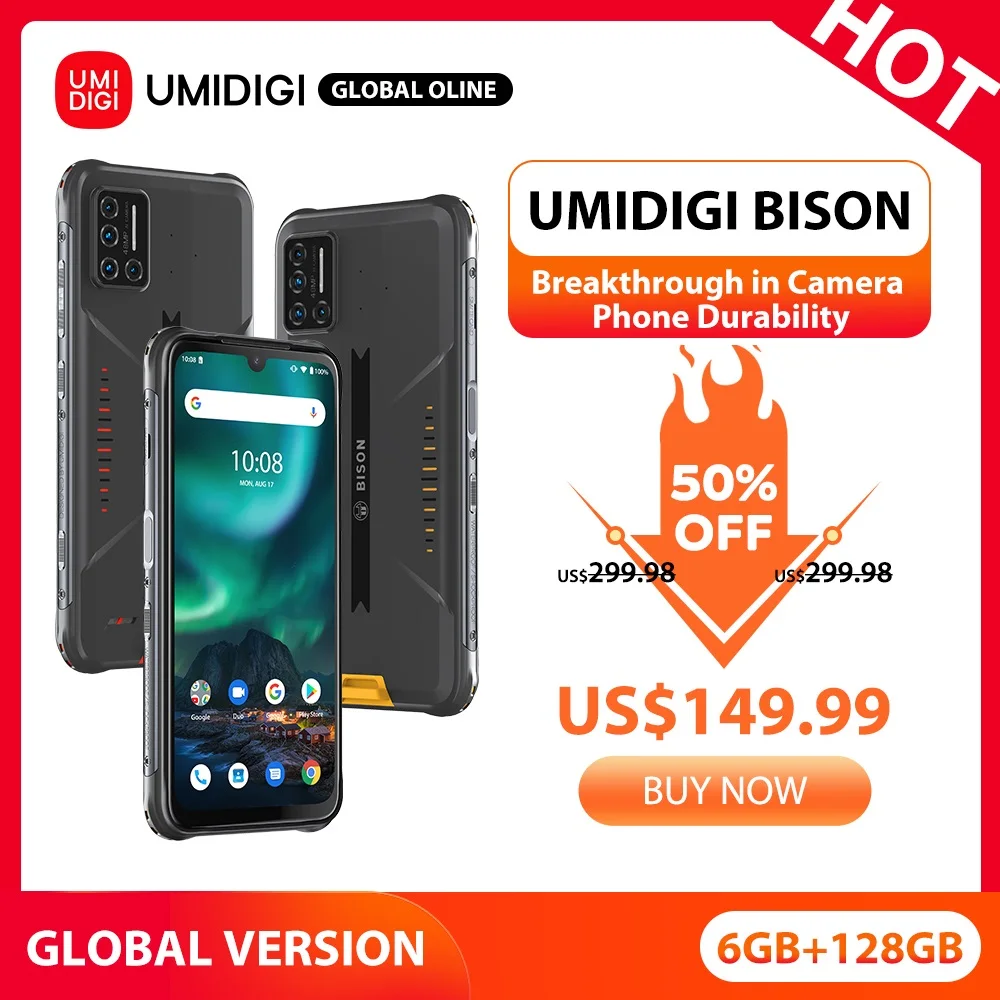 UMIDIGI teléfono inteligente BISON con Android 10, Smartphone resistente al agua IP68/IP69K, 6GB + 128GB, NFC, cámara cuádruple matricial de 48MP, pantalla FHD de 6,3 pulgadas (0)