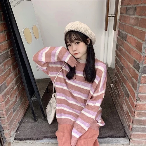 Striped Fashion Basic Hit Casual Loose All Match 2019 Female Women Long Sleeve Hot Sale College Wind Thin Sweaters | Женская одежда