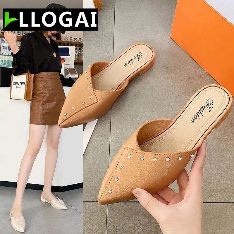 

LLOGAI spring Pointed women's slippers new low heel 3cm Baotou outdoor women's shoes summer convenient sandals Mueller