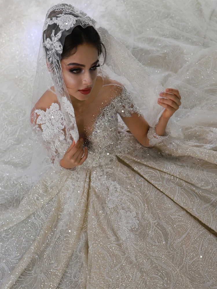 picture champagne Mariage robe de mariee роскошное свадебное платье с длинными рукавами и бусинами - Цвет: picture champagne