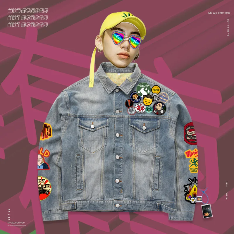 Джинсовая куртка Свободное пальто уличный злодей сшитый oldshcool принт высокий