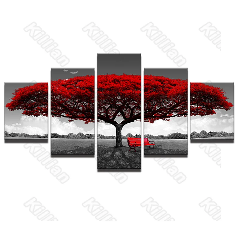 

Modern Style Mural Canvas Paintings Bed Home Decor Prints 5 Pieces Red Tree and Red Seat Decoration Living Room Wall Fresco
