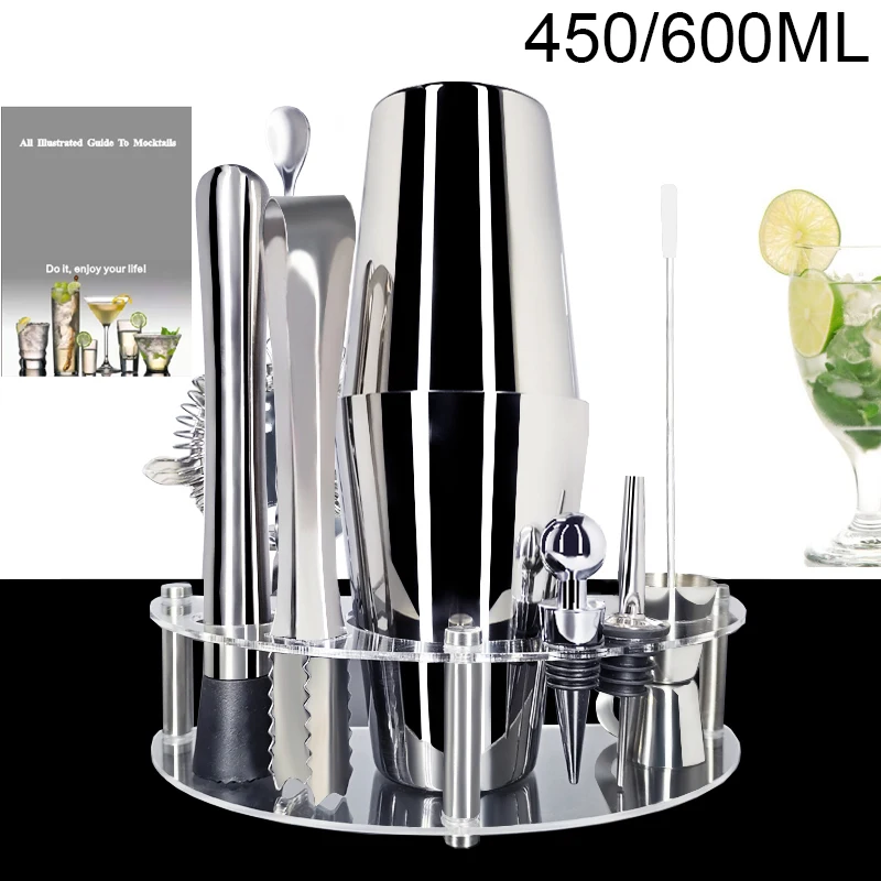 

450/600/750ml Boston Cocktail Shaker Set 1-12 Pieces Barware Kit Stainless Steel Martini Shaker with Stand + Drink Recipe