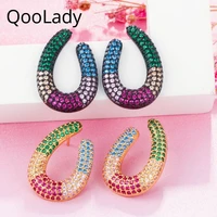 qoolady unique micro pave red green blue cubic zirconia u shape circle rainbow drop earrings lady daily jewelry e023
