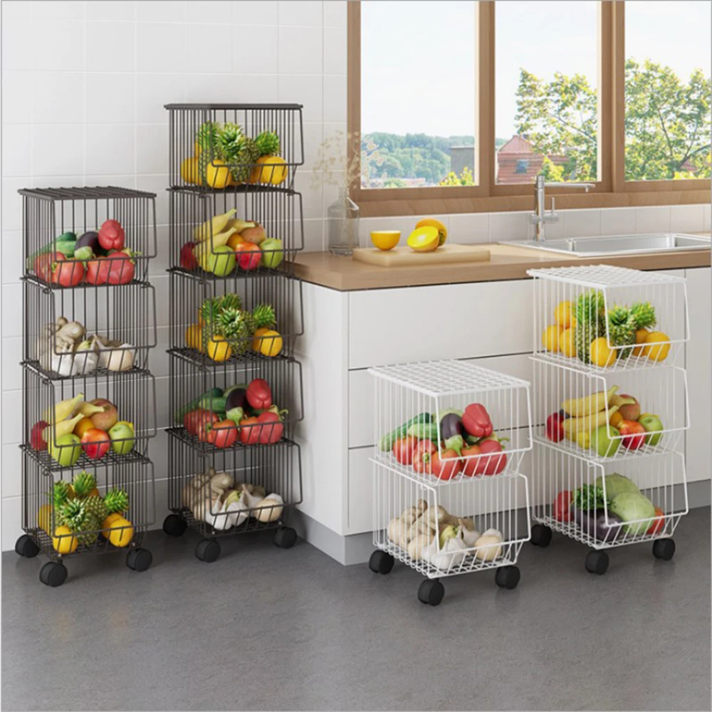 

Movable Iron Storage Shelf Tier Drying Mesh Basket Metal Rack with Wheels Storing Fruit Vegetable Toys Space Saving Organizer