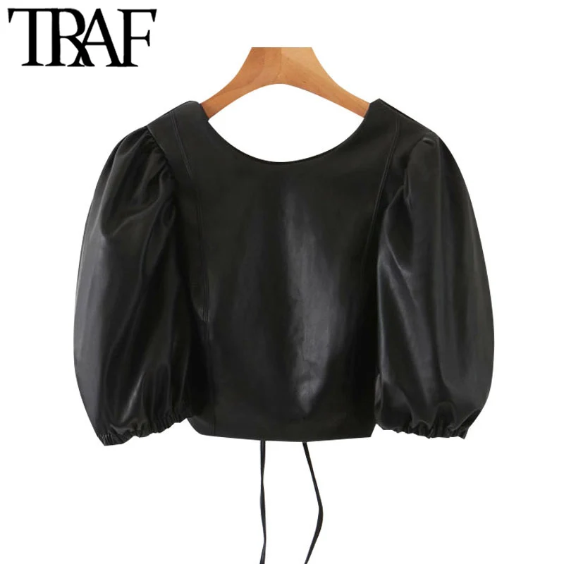 

TRAF Women Sexy Fashion Faux Leather Puff Sleeve Cropped Blouses Vitnage Backless Drawstring Female Shirts Chic Tops