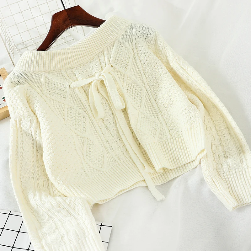 OCEANLOVE Slash Neck Short Pullovers Solid Bow Lace Up Fashion Women Sweaters Girls Korean New Pull Femme Loose Tops 13456 | Женская