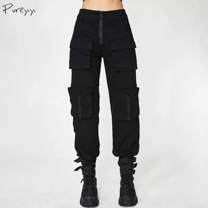 Женские спортивные брюки с высокой талией черные свободные карго карманами