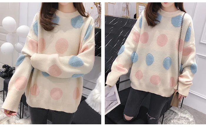 Женский милый sweater в горошек TIGENA, теплый вязаный свободный пуловер с длинным рукавом, джемпер для женщин на зиму