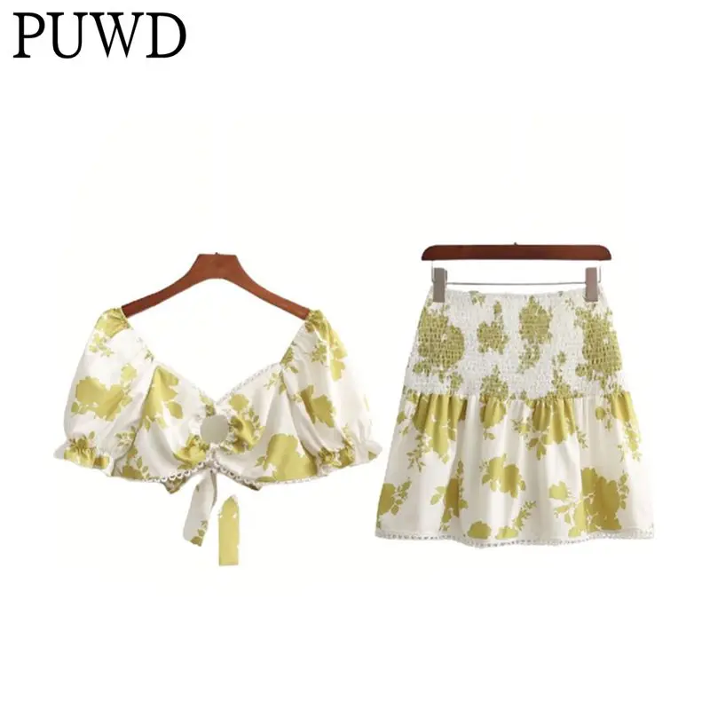 

PUWD Casual Women Green High Waist Skirts Suits 2022 Spring Fashion Ladies Slim Flower Print Two Piece Sets Female Chic Suits