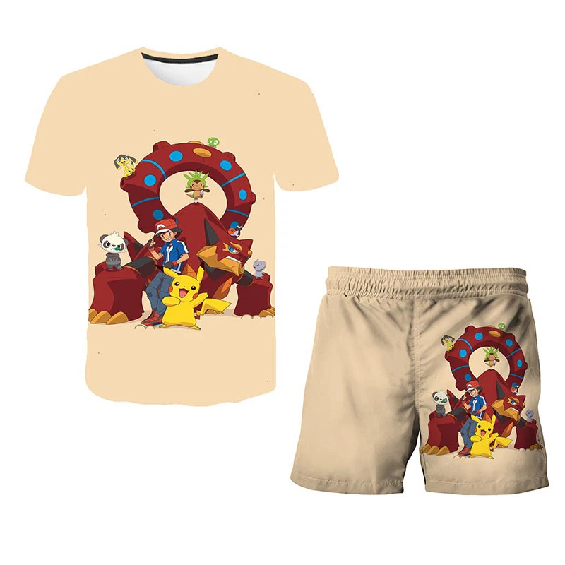 

Boys/Girls Tshirt Suit Japanese Anime Pikachu 3D Printing Childrens Teenager Streetwear Crew Neck Polyester Harajuku Tshort Set