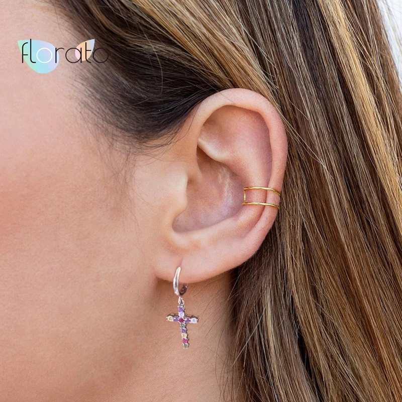 

New Fashion Cute Rainbow Crystal Cross Hoop Earrings 925 Sterling Silver Top Quality CZ Earrings For Women Wedding Jewelry