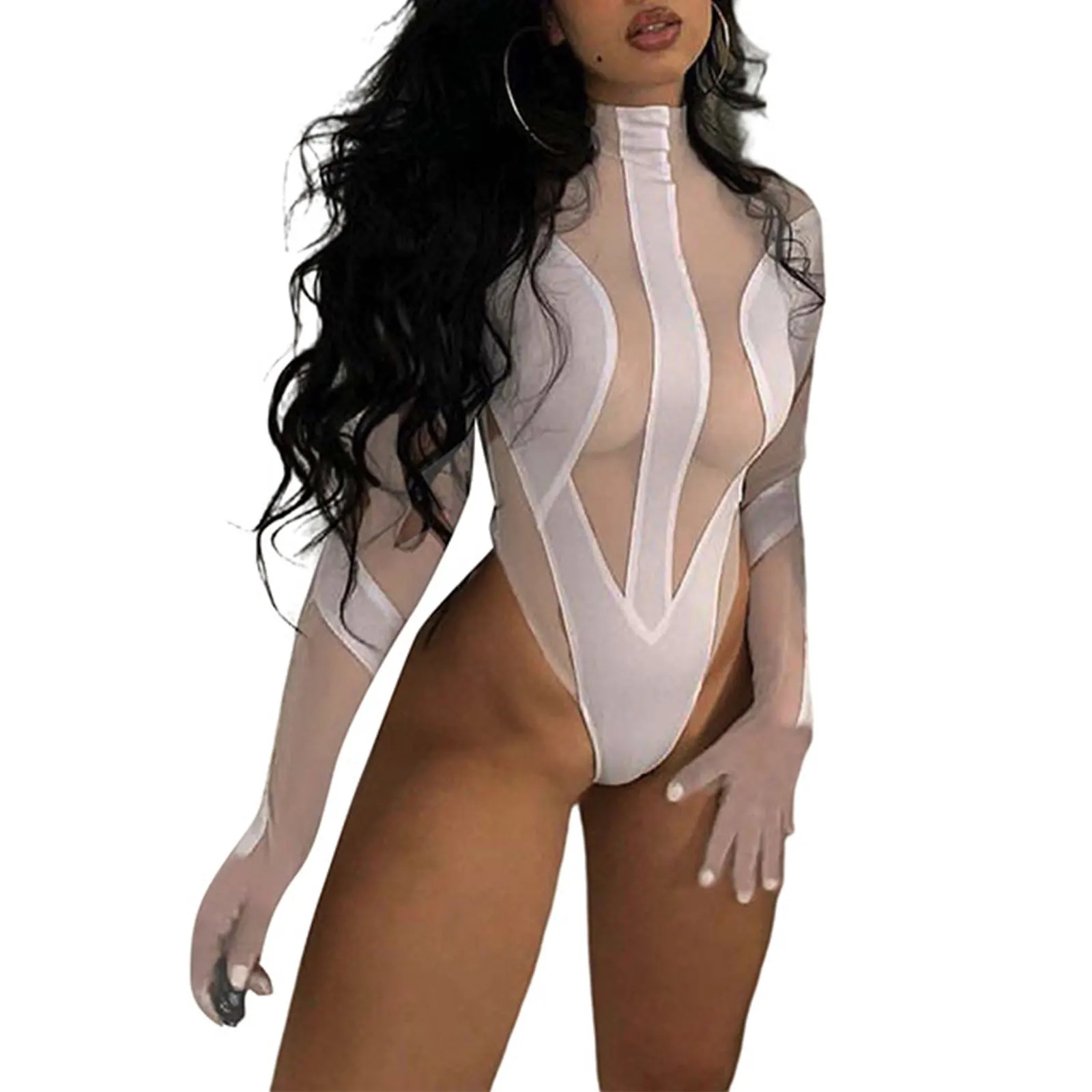 

White See Through Bodycon Body Suit Women Long Sleeve Sexy Mesh Jumpsuit Female Spring and Autumn Y2K Clothes Rompers Overall
