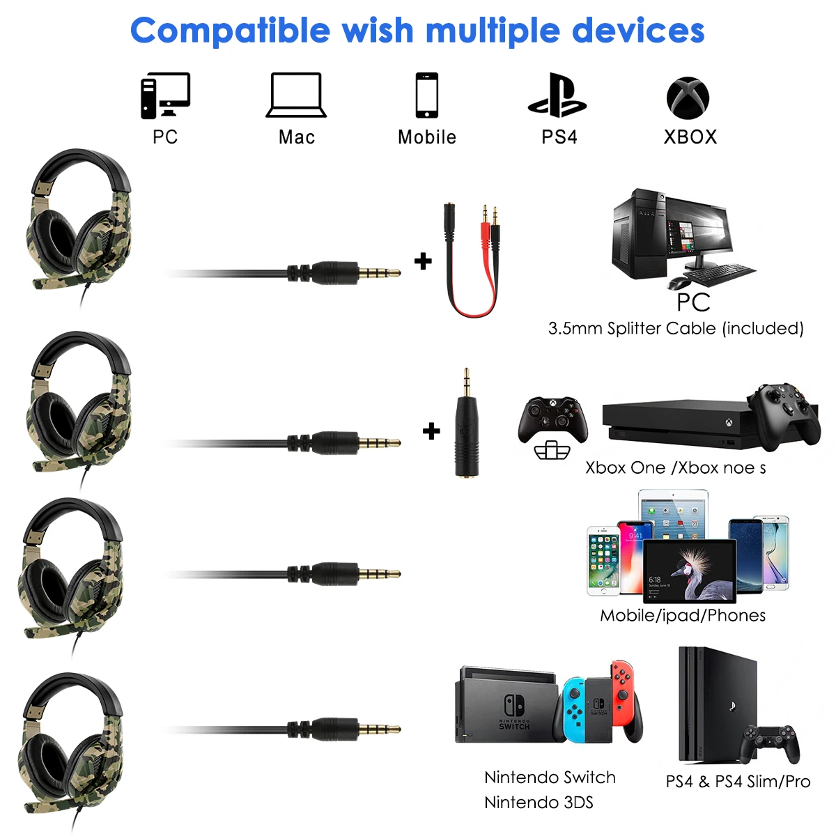 Gaming Headset Bass 3.5mm Surround sound Wired Gamer Headphone with Mic Converter Cable for PS4 Xbox PC | Электроника