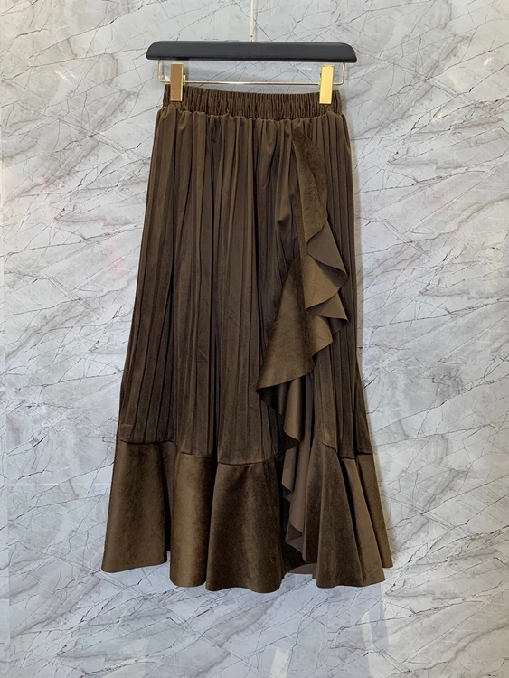 

2021 new women fashion elastic waist irregular ruffle stitching pleated mid-length suede skirt 1109