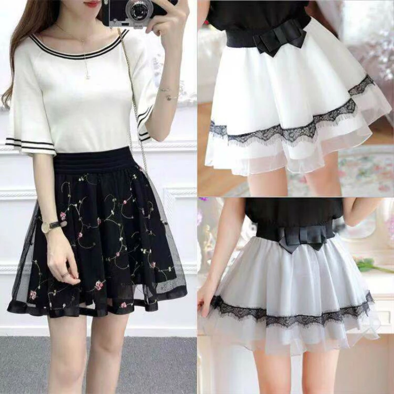 

New Summer High Waist A-Line Women Skirt Large Size Elastic Waist Lace Pleated Skirt Sweet Mini Student Skirt Tutu Skirt