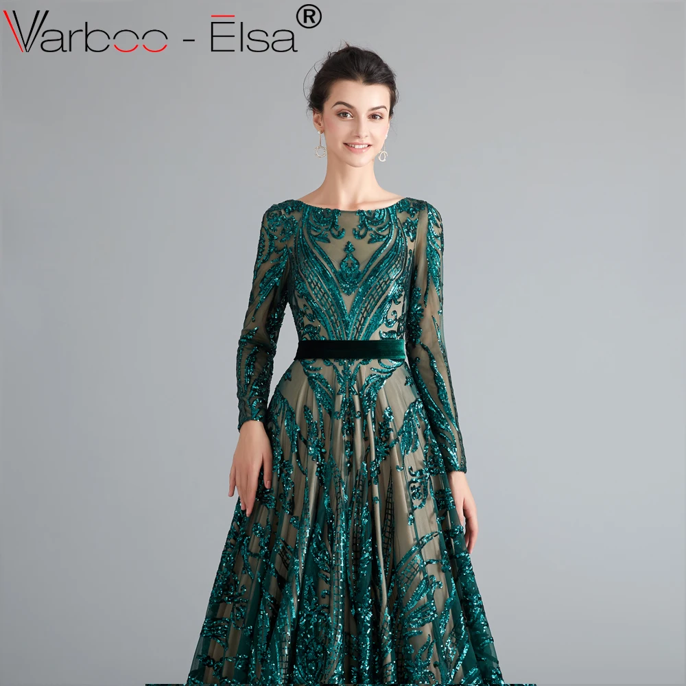 VARBOO_ELSA green Robe De Soiree Длинные вечерние платья с длинными рукавами и поясом, торжественное платье с блестками, женские вечерние платья