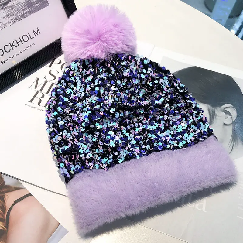 

New Women's Hats Plus Velvet Warm Cap Autumn Winter Men's Caps Sequins All-match Wool Beanie Fashion Hip-hop Cold Hats Skullies