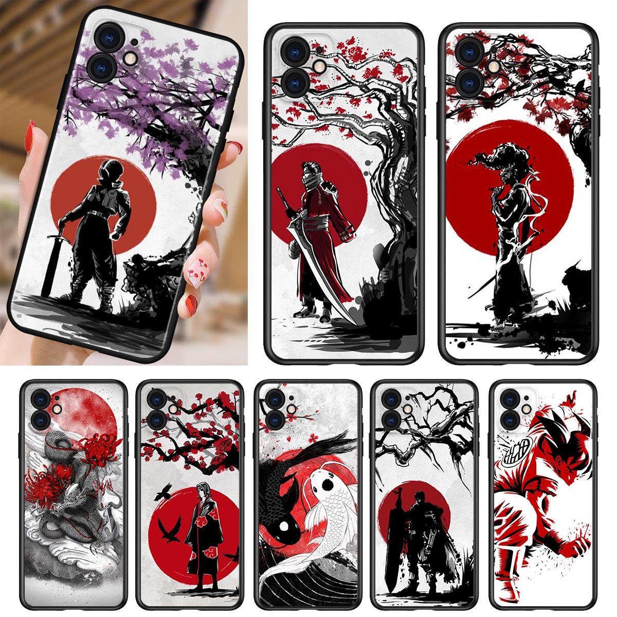 

Silicone Cover Japanese Red Sun Anime For Apple iPhone 13 12 11 SE XS XR X 7 8 6 5 S mini Plus Pro MAX 2020 Black Phone Case