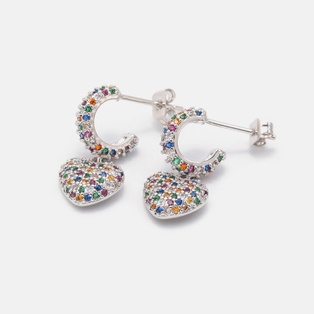 Модные серьги с кубическим цирконием и радужным сердцем Разноцветные фианитами