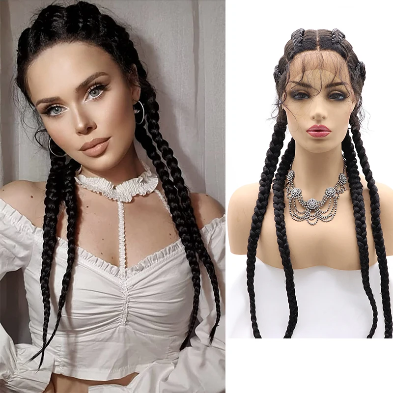 

Lace Front 4x Twist Braided Wigs With Baby Hair Black Double Dutch Box Braids Wig For Black Women Synthetic Braid Wigs