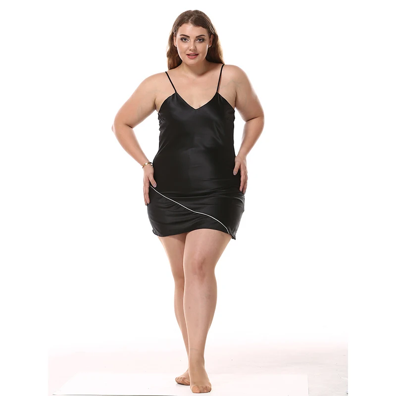 Black Satin Silk Nightdress Women's Big Size Imitation Silk Nightgowns Sexy V-Neck Sling Short Sleeping Dress Fat MM 3303