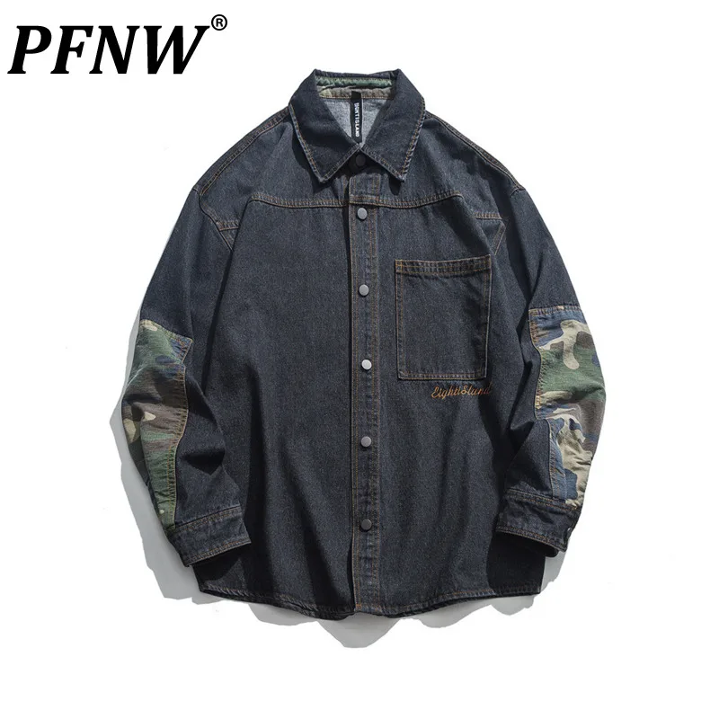 

PFNW 2021 Autumn New Men's Loose Denim Camo Stitched Letter Embroidered Casual Shirt Jeans Jacket Teens Streetwear Trend 12X0952