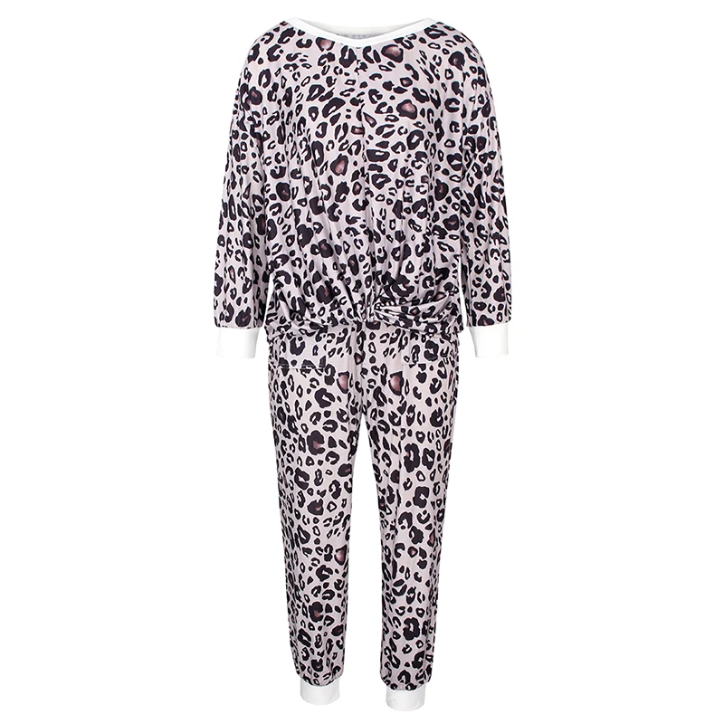 

2021Summer Women Set Leopard Print Two Piece Suit Loose Long Sleeve O-Neck T Shirt Casual Trousers Female Suits