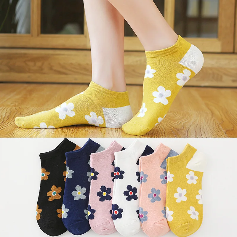 

Socks Women Floral Print Summer Cotton Short Socks Invisible Ankle Female Harajuku Retro Casual Flower Blossoms happy Cute Sox