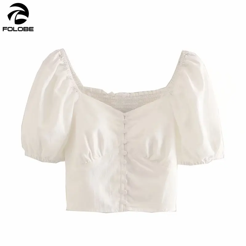 

FOLOBE 2021 Women French Square Collar Puff Sleeve Short Shirt Fashion Spring Summer Sexy Tops Female blusas mujer de moda