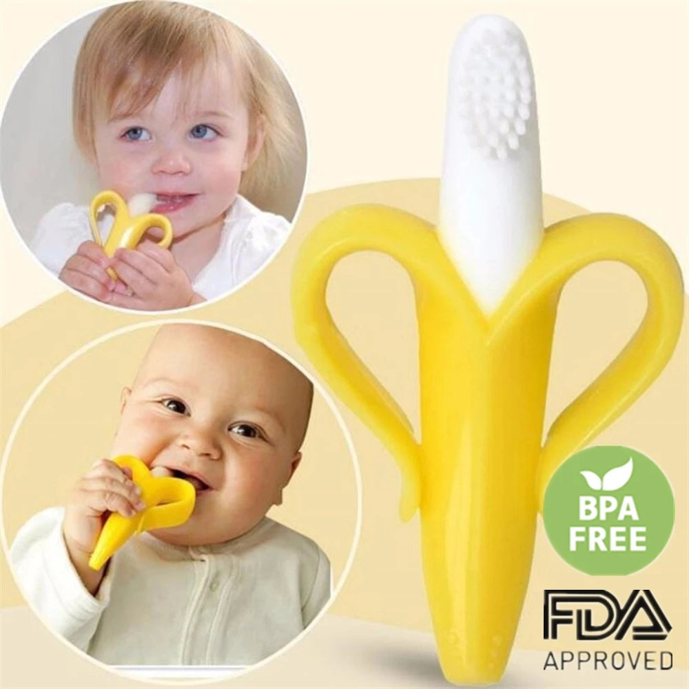 

Baby Teether Toys Toddle Safe BPA Free Banana Teething Ring Silicone Chew Dental Care Toothbrush Nursing Beads Gift For Infant