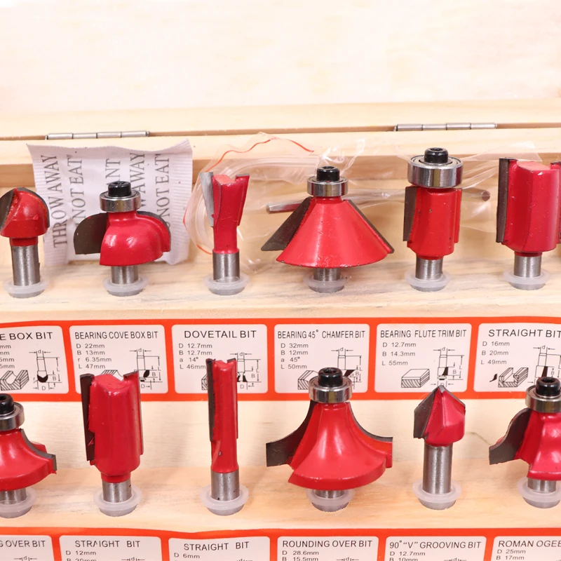 

DIY 12pcs 1/4" Router Bits Set Professional Shank Tungsten Carbide Router Bit Cutter Set With Wooden Case For Woodworking Tools
