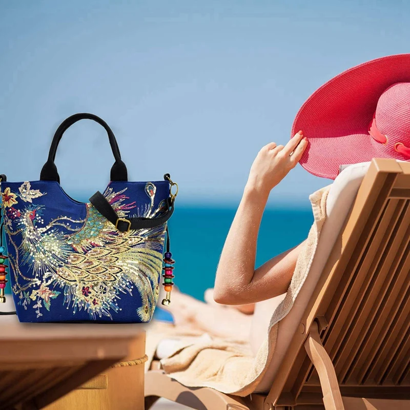 

2x Sequins Peacock Embroidered Ladies Canvas Tote Bag Shopping Shoulder Bag Retro Beaded String Tote Bag Blue & Red