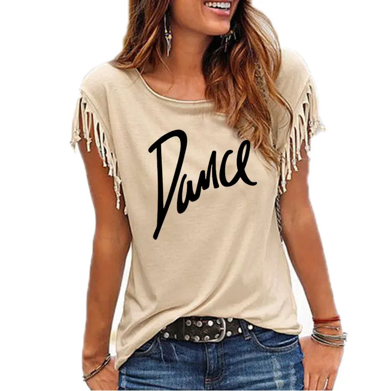 

Women T-shirt O-neck T Shirt Ladies Casual Letter Dance T-shirt Summer Women Cotton Tassel Casual T-shirt