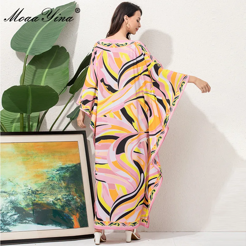 

MoaaYina Fashion Runway Loose Maxi Dress Women Elegant Ethnic Print Chiffon Long Batwing Sleeve Oversize Dressing Gowns