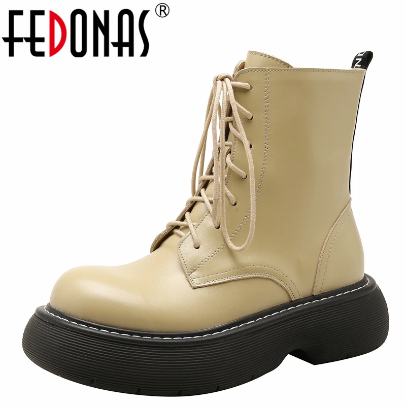 

FEDONAS 2021 Outdoor Casual Women Ankle Boots Autumn Winter Fashion Sewing Platforms Genuine Leather Lace-Up Shoes Woman Newest