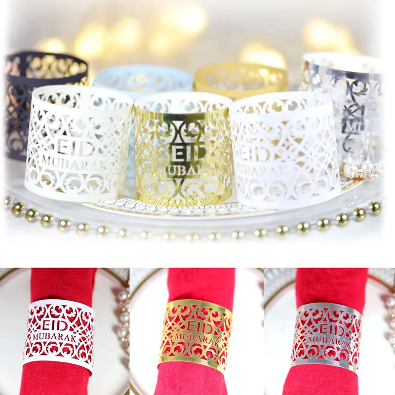 

10pcs/lot Eid Mubarak Decor Paper Napkin Holder Gold Napkin Ring Ramadan Decorations For Home Islamic Muslim Party Table Decor