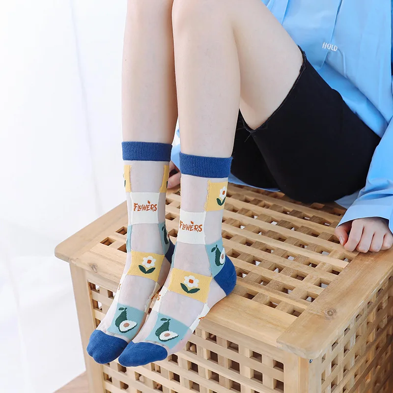 

New Fashion Asymmetry Funny Socks Transparent Jacquard Fruit Socks Women Girls Personality Contrast Color Summer Mesh Socks