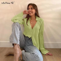 mnealways18 vintage green pleated shirts fashion 2021 spring women clothing blouse v neck tops ladies loose shirts flare sleeve