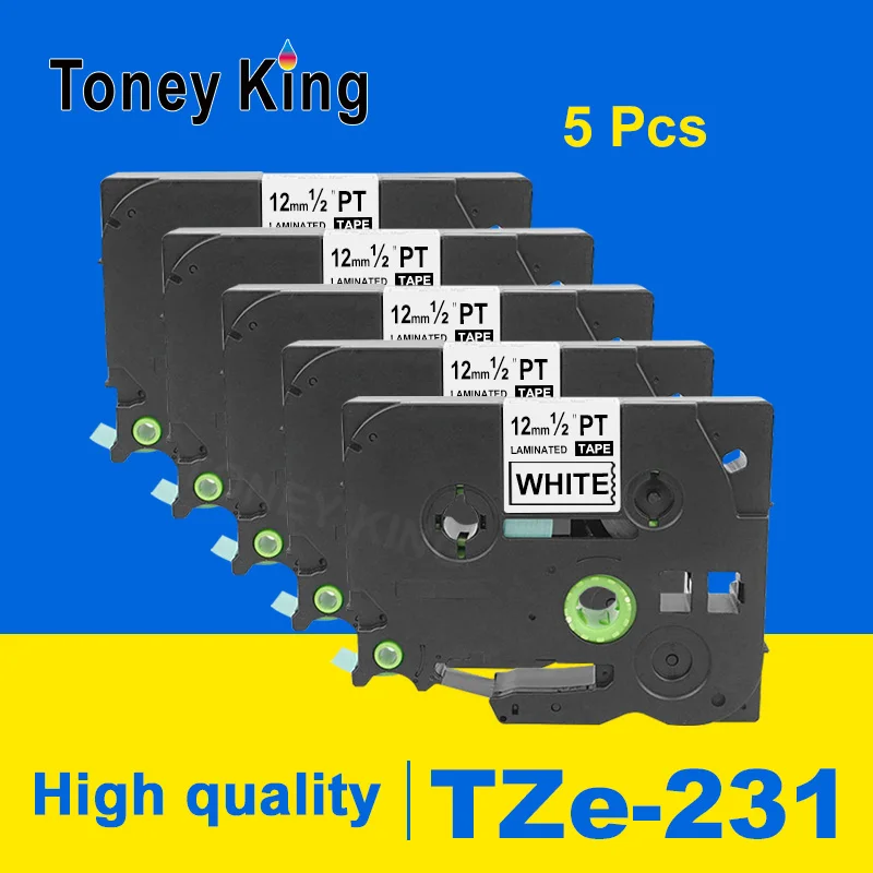 Toney King 5 шт. tz231 tze 231 12 мм черный на белой этикетке tze-231 TZ-231 для принтера Brother p-touch tze131