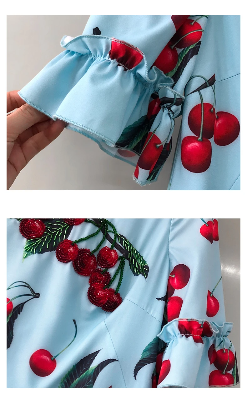 

MIUXIMAO Top Quality 2019 Ruway DesignFall Dress Newest Casual Dresses Women Cherryprint Ruffles Half Sleeve Dress Women