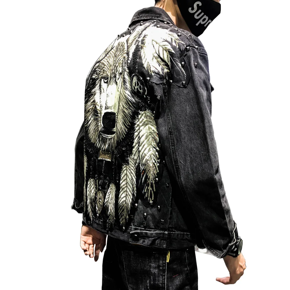 Новинка 2021 новая джинсовая куртка в стиле панк с вышивкой волка и заклепками