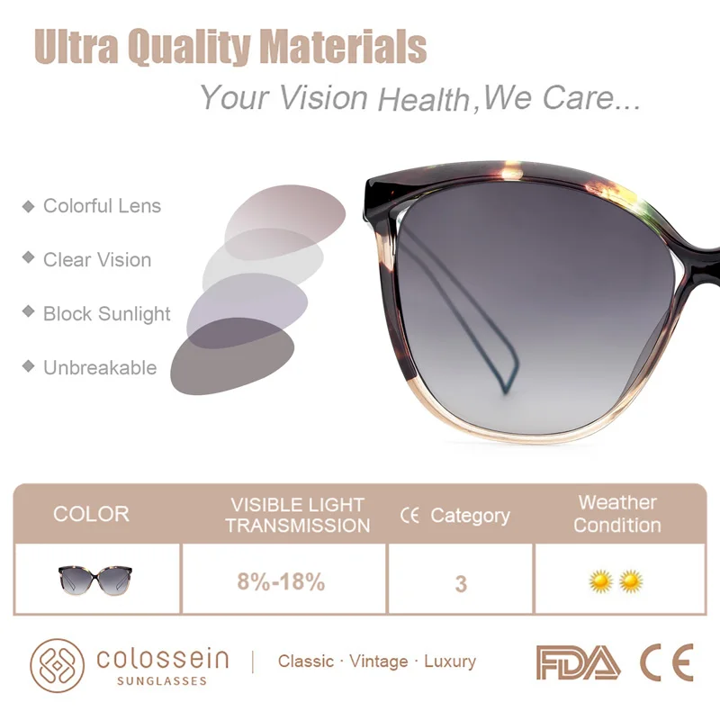 COLOSSEIN солнцезащитные очки женщины кошачий глаз модный бренд дизайнер UV400 для